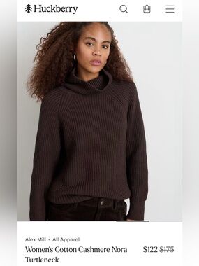 Alex Mill Cotton Cashmere Nora Turtleneck Women’s XS Ribbed Knit Sweater $175